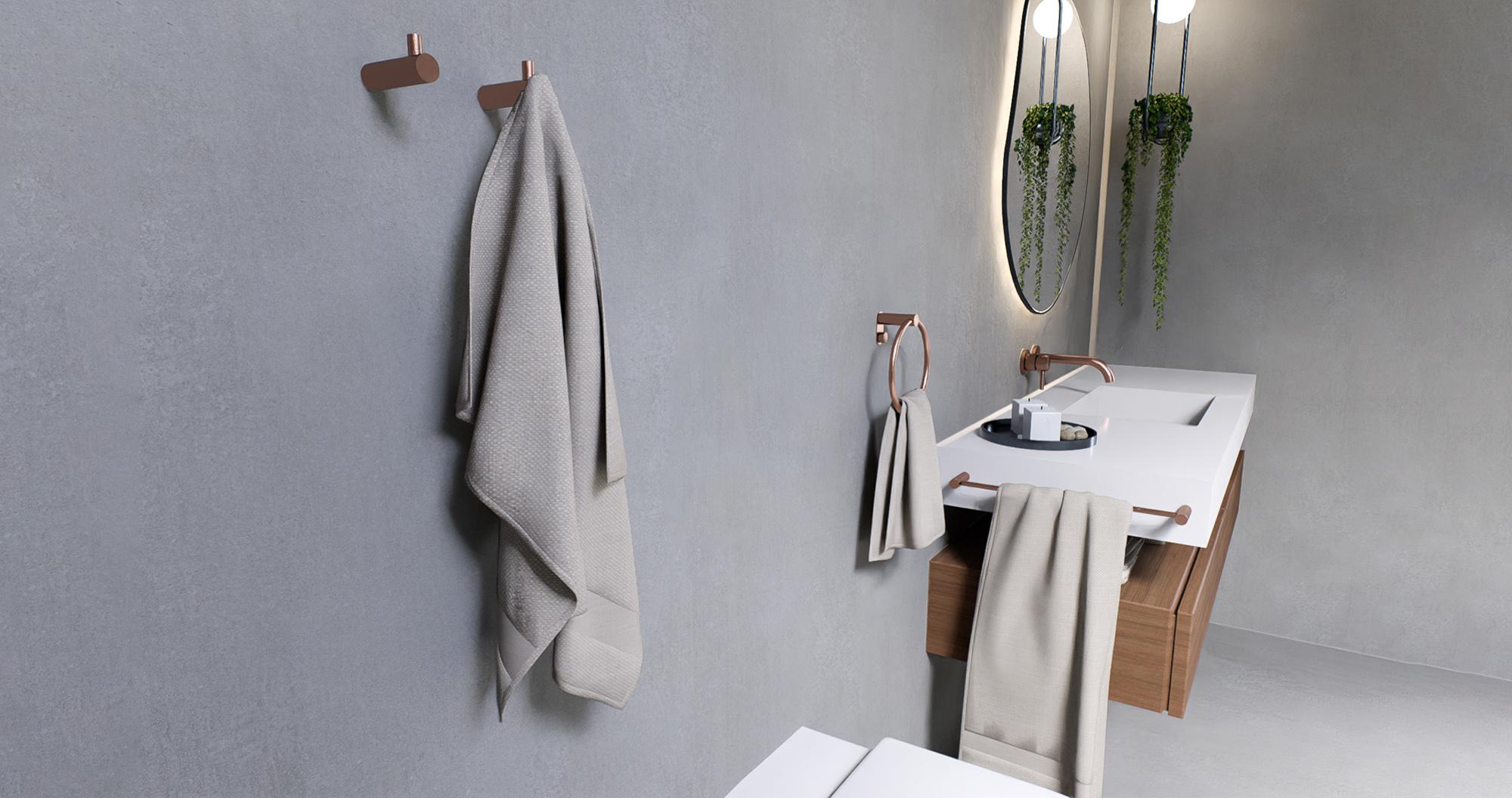 Cuarto de baño moderno, con accesorios de baño en acabado oro rosa